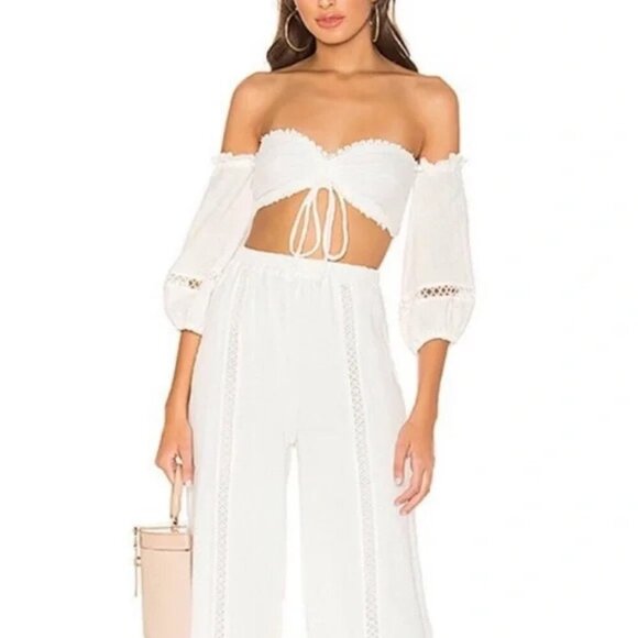 Revole MAJORELLE White Privett Crop Eyelet Ruched Front Off Shoulder Top - Picture 2 of 8